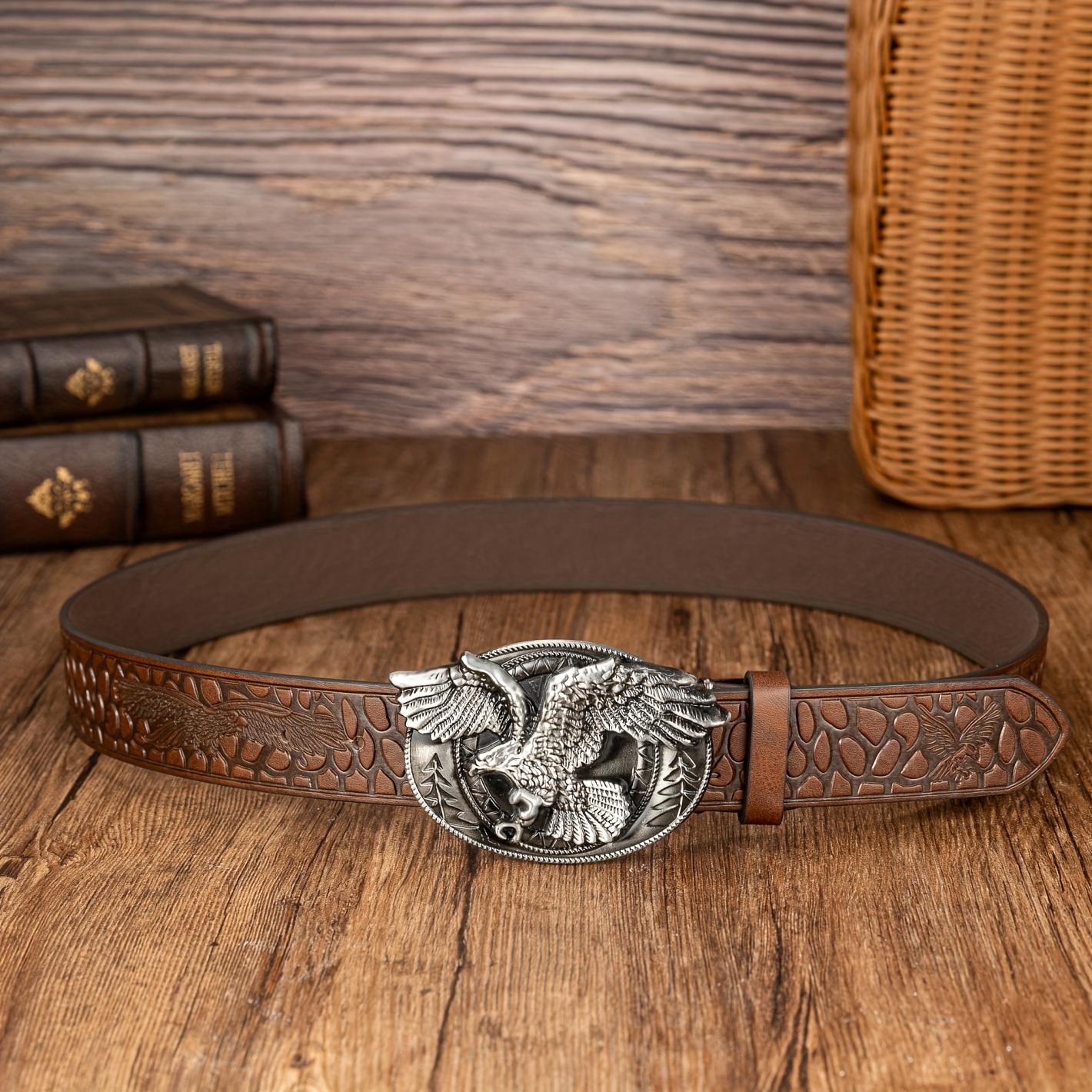 Large Oval Eagle Buckle Belt Embossed PU Leather